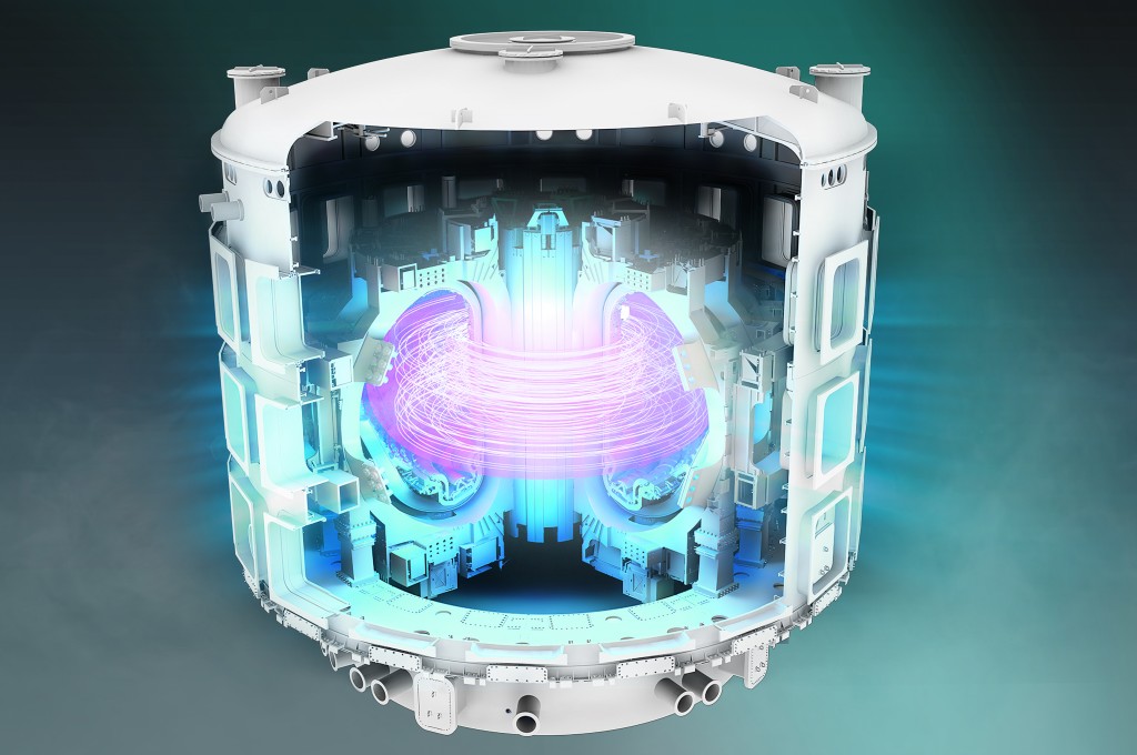 Schematische Darstellung eines Fusionsreaktors mit sichtbarem Plasmaeinschluss im Inneren des Reaktorgehäuses.