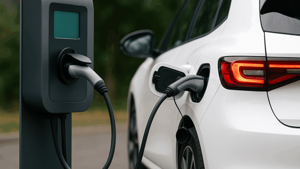 Ein weißes Elektroauto ist an eine moderne Ladestation angeschlossen, symbolisiert die Zukunft bidirektionalen Ladens als Teil eines intelligenten Energiesystems.