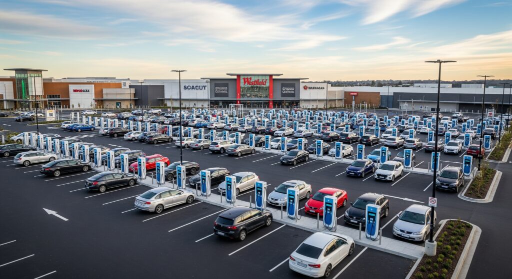 SCS Parkplatz voll mit Ladestationen und E-Autos