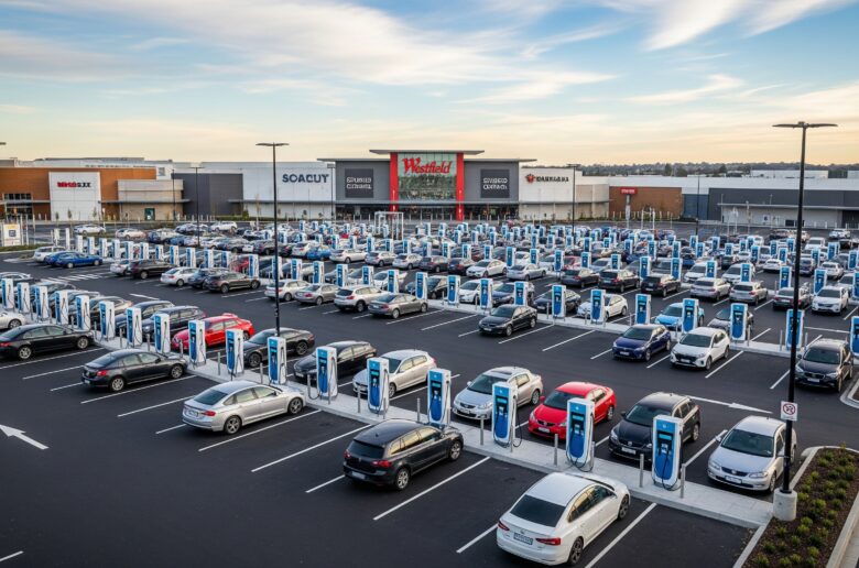 SCS Parkplatz voll mit Ladestationen und E-Autos