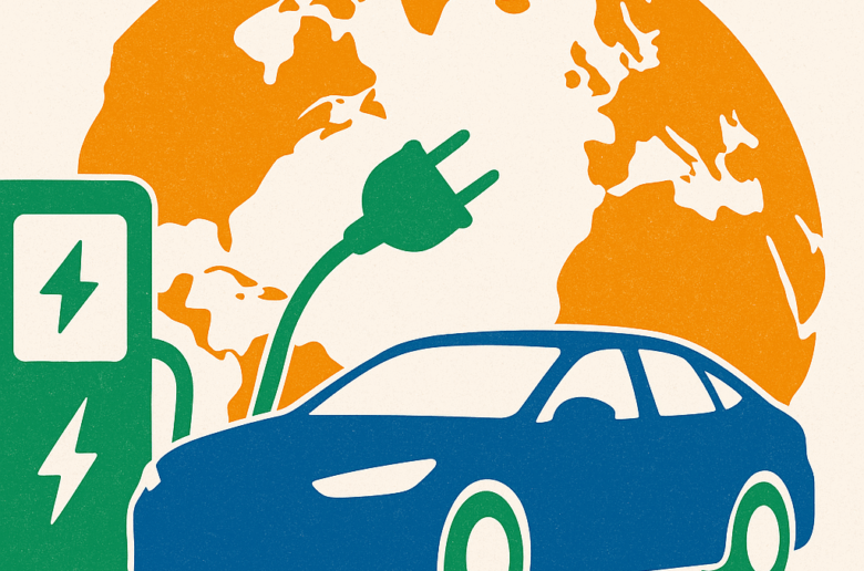 Symbolische Illustration zur globalen Elektromobilität: Ein Elektroauto wird an einer Ladestation geladen, im Hintergrund eine stilisierte Weltkarte in warmen Farben.