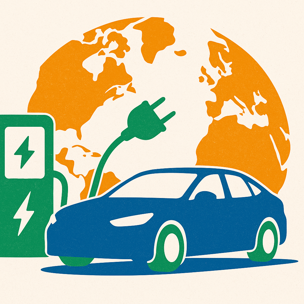 Symbolische Illustration zur globalen Elektromobilität: Ein Elektroauto wird an einer Ladestation geladen, im Hintergrund eine stilisierte Weltkarte in warmen Farben.