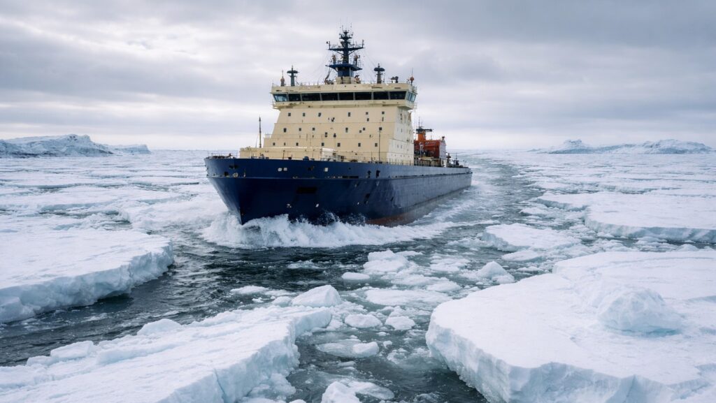 Moderner Eisbrecher bahnt sich seinen Weg durch dichtes arktisches Packeis – Symbol für planbare Zukunft, Klimawandel und geopolitische Veränderungen.