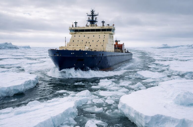 Moderner Eisbrecher bahnt sich seinen Weg durch dichtes arktisches Packeis – Symbol für planbare Zukunft, Klimawandel und geopolitische Veränderungen.