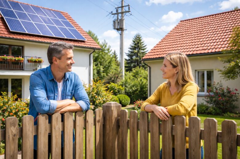 Zwei Nachbarn sprechen am Gartenzaun, ein Einfamilienhaus hat eine PV-Anlage am Dach, im Hintergrund sind Stromleitungen zu sehen.