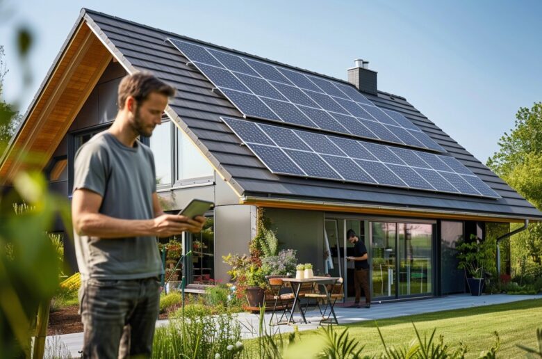 Energiewende: Eine Person nutzt ein Smartphone vor einem Einfamilienhaus mit großer PV-Anlage auf dem Dach.