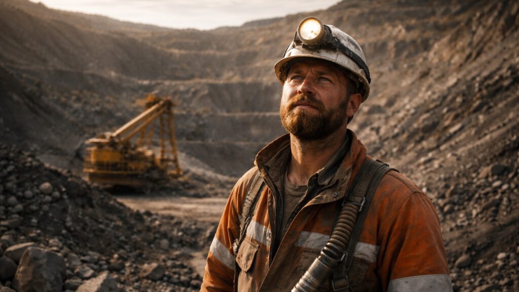 Rohstoffe: Ein Bergwerksknappe in staubiger Arbeitskleidung steht mit eingeschalteter Helmlampe in einer offenen Tagebaugrube.