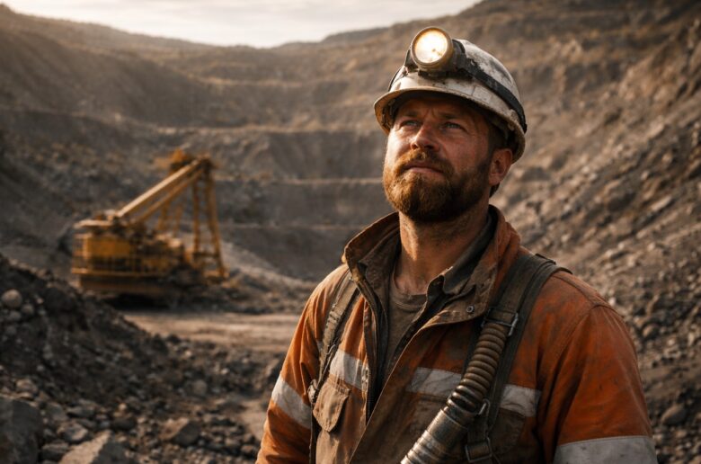 Rohstoffe: Ein Bergwerksknappe in staubiger Arbeitskleidung steht mit eingeschalteter Helmlampe in einer offenen Tagebaugrube.