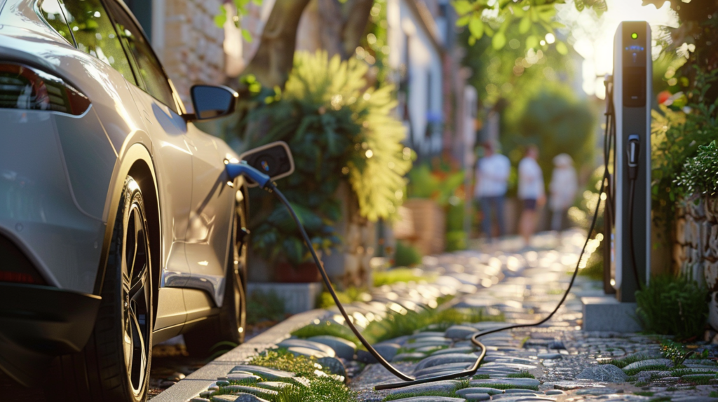 Elektroauto lädt an Wallbox in ruhiger Wohnstraße mit Grünflächen.