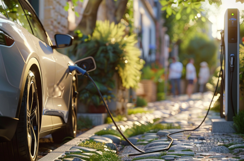 Elektroauto lädt an Wallbox in ruhiger Wohnstraße mit Grünflächen.