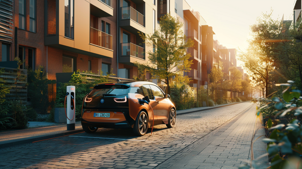 Elektroauto lädt an öffentlicher Ladestation in urbanem Wohnquartier.