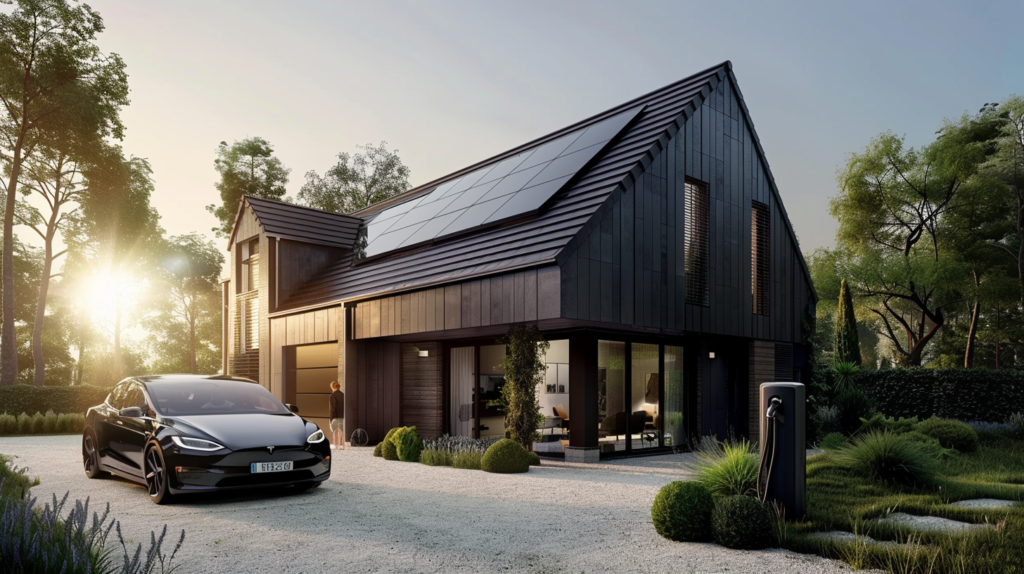 Modernes Haus mit Photovoltaikanlage und Elektroauto an eigener Ladestation.