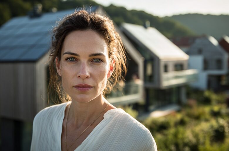 SNAP: Eine Frau vor modernen Wohnhäusern mit Photovoltaikanlagen steht sinnbildlich für Haushalte, die ihren Stromverbrauch stärker an günstigen Tageszeiten ausrichten.