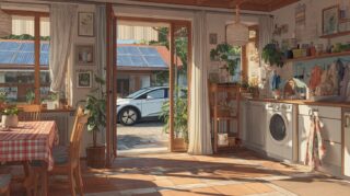 Ein heller Wohnraum mit Waschmaschine, Blick auf Photovoltaikanlage und Elektroauto zeigt einen Haushalt, der Stromverbrauch in sonnige Mittagsstunden verlagern kann.