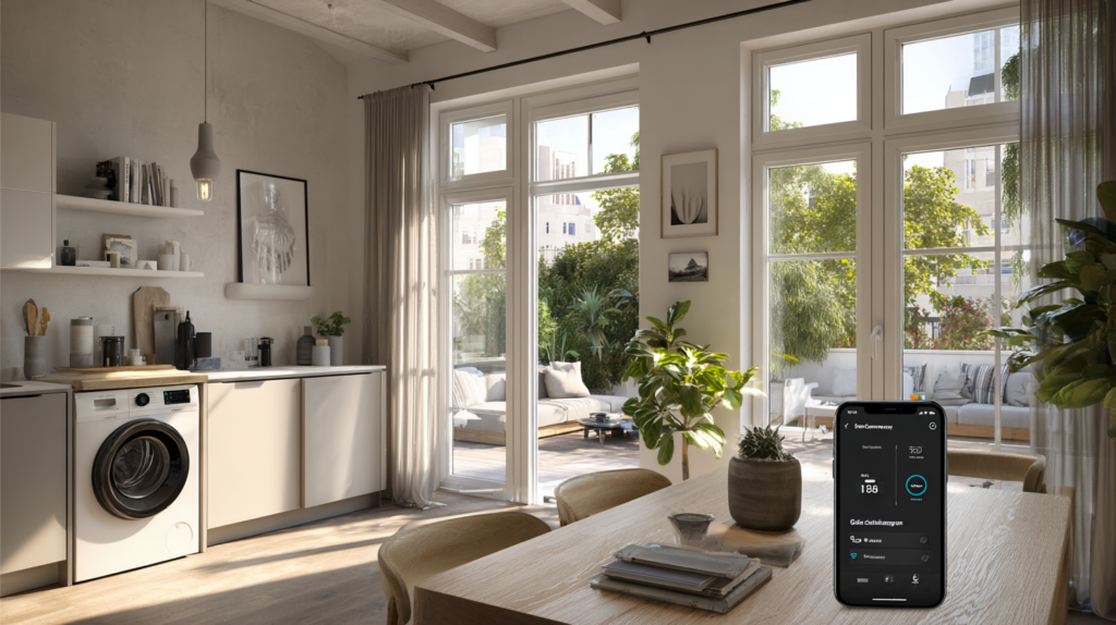 Ein heller Wohnraum mit Waschmaschine, Esstisch und Smartphone zeigt die digitale Steuerung des Stromverbrauchs im Haushalt.