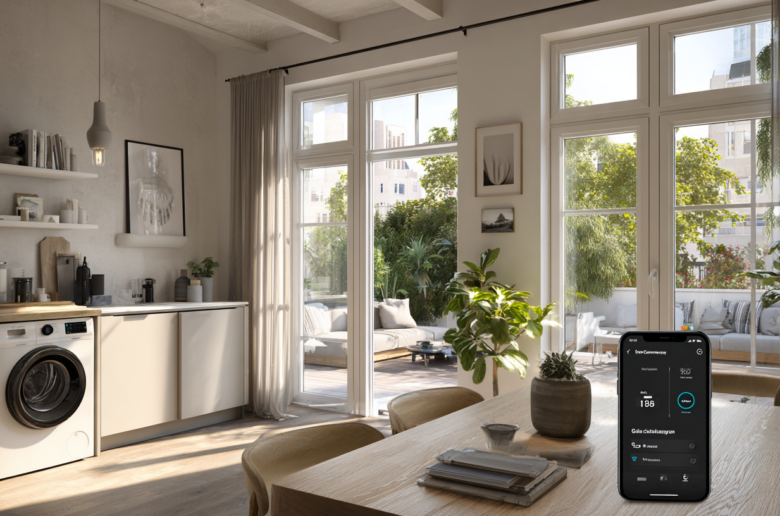 Ein heller Wohnraum mit Waschmaschine, Esstisch und Smartphone zeigt die digitale Steuerung des Stromverbrauchs im Haushalt.