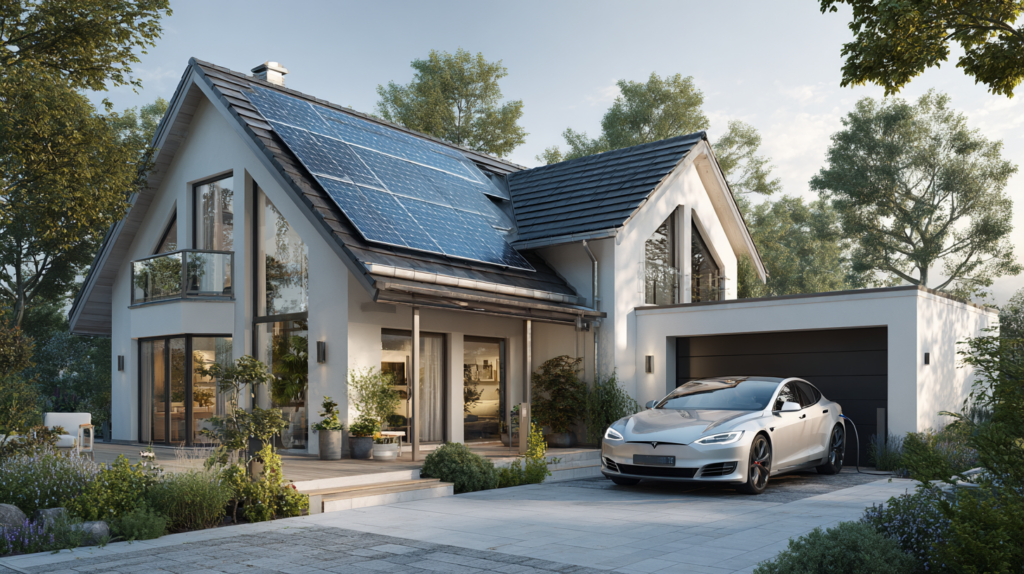 Ein modernes Einfamilienhaus mit Photovoltaikanlage am Dach und ladendem Elektroauto zeigt Stromnutzung im Alltag und ist Teil der Energiewende.