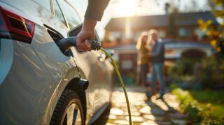 Eine Hand steckt ein Ladekabel in ein Elektroauto, im unscharfen Hintergrund stehen zwei Menschen vor einem Einfamilienhaus im Abendlicht.