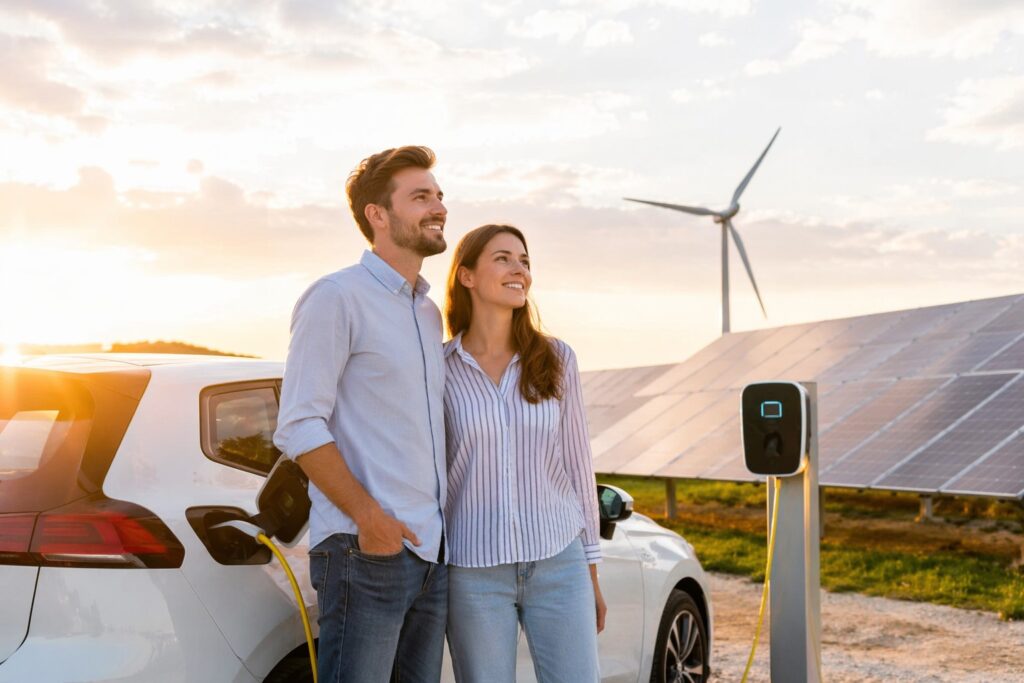 Batterie: Ein Paar steht neben einem Elektroauto an einer Ladestation vor Solarpaneelen und einem Windrad bei Sonnenlicht und blickt zuversichtlich in die Zukunft.