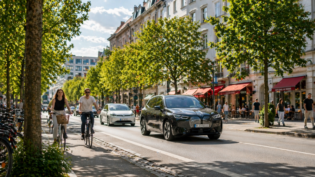 Elektroauto und Fahrräder im urbanen Straßenverkehr