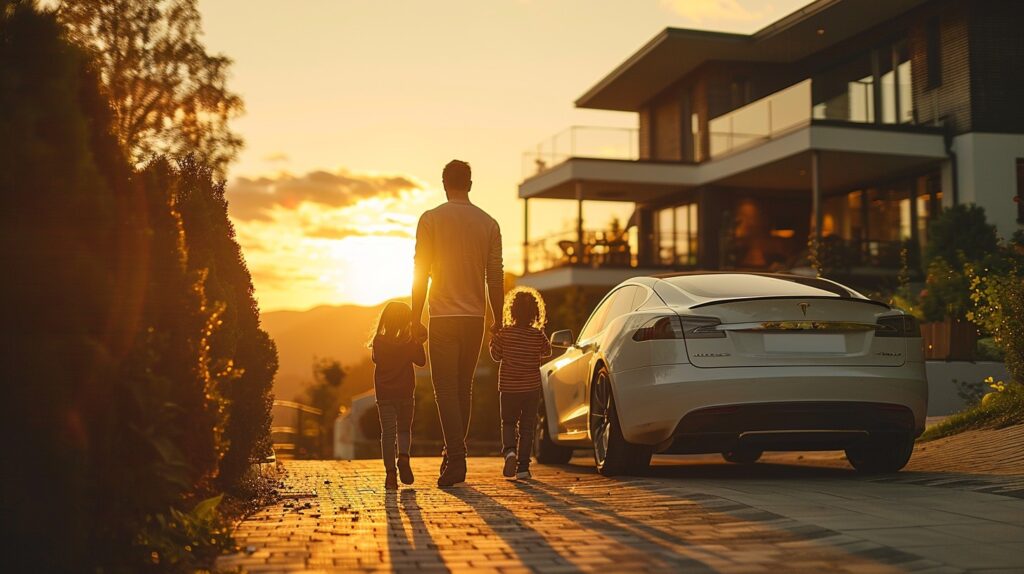 Strompreis: Ein Mann geht mit zwei Kindern bei Sonnenuntergang an einem weißen Elektroauto vor einem modernen Einfamilienhaus vorbei.