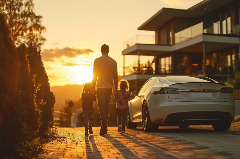 Strompreis: Ein Mann geht mit zwei Kindern bei Sonnenuntergang an einem weißen Elektroauto vor einem modernen Einfamilienhaus vorbei.