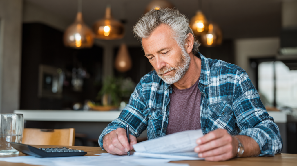 Mann prüft zu Hause Rechnungen und Energiekosten mit Taschenrechner