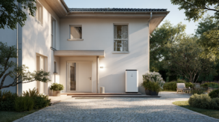Einfamilienhaus mit moderner Wärmepumpe im Gartenbereich