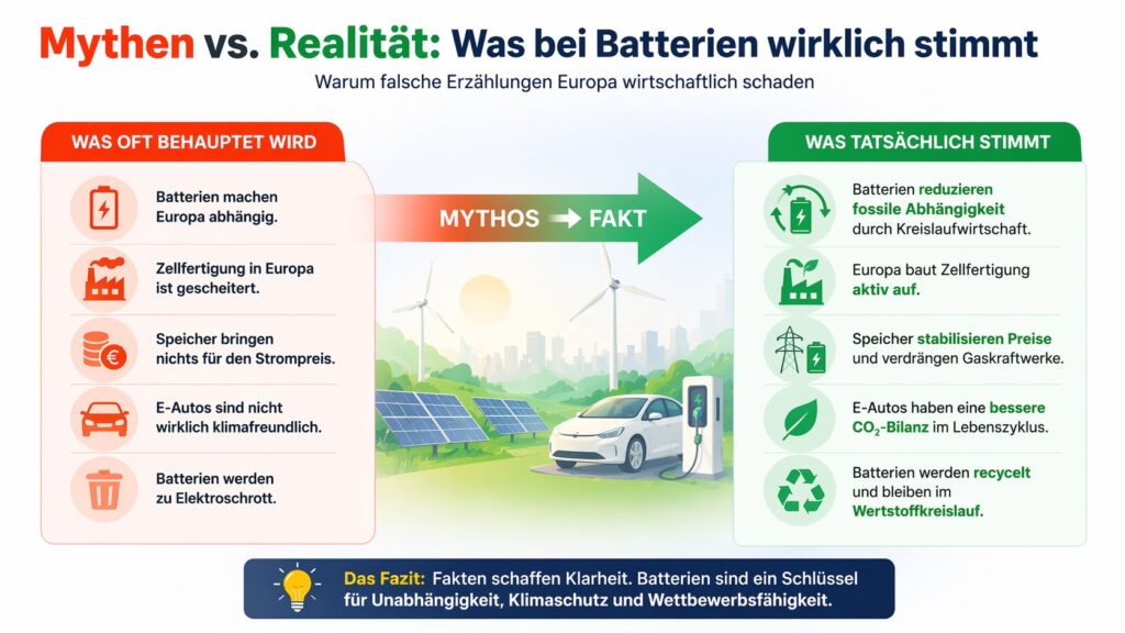 Infografik vergleicht Mythen und Fakten über Batterien, Elektromobilität und Energiewende mit Gegenüberstellung von falschen Annahmen und realen Zusammenhängen.
