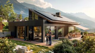 Förderung: Familie vor einem modernen Wohnhaus mit Photovoltaikanlage in alpiner Landschaft.
