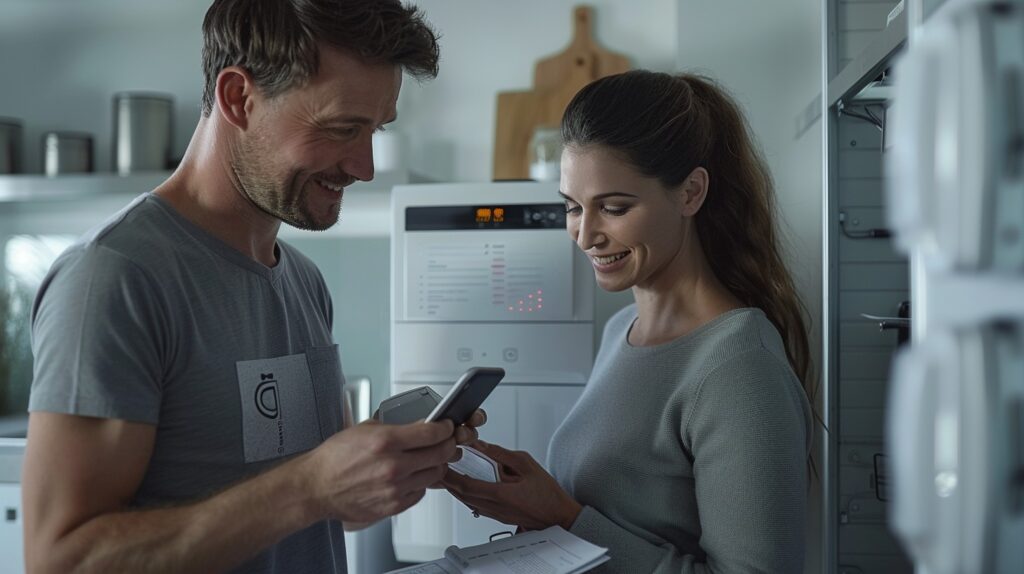 Zwei Personen im Technikraum eines Hauses prüfen Unterlagen und ein Smartphone neben einer Haustechnikanlage.