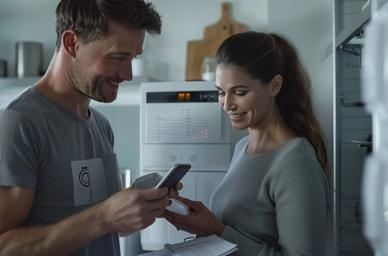 Zwei Personen im Technikraum eines Hauses prüfen Unterlagen und ein Smartphone neben einer Haustechnikanlage.