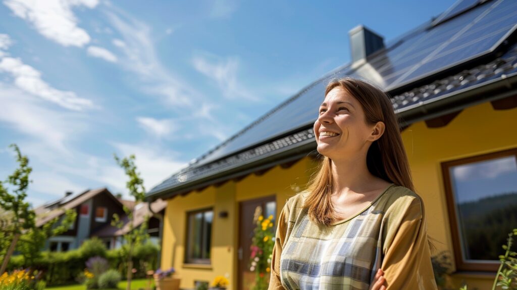 St. Pölten: Eine lächelnde Hausbesitzerin steht vor einem Einfamilienhaus mit gut sichtbarer Photovoltaikanlage auf dem Dach.