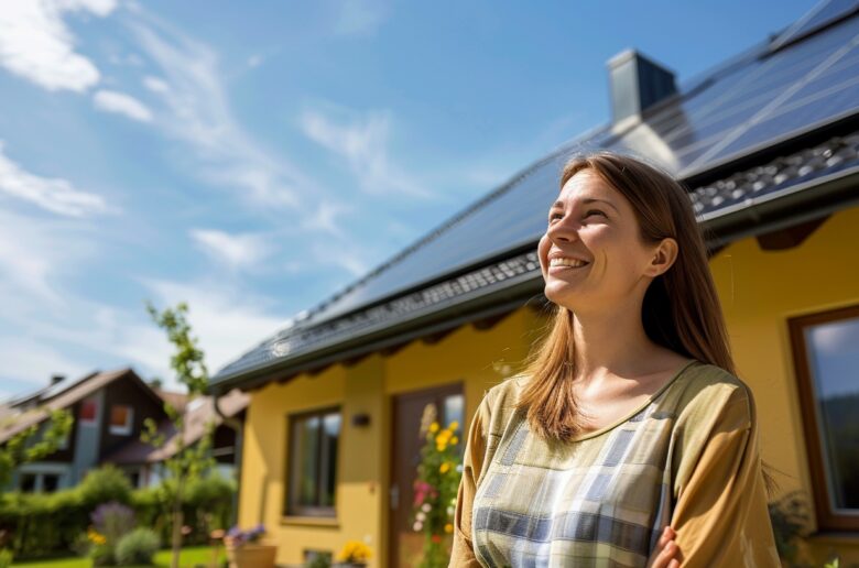 St. Pölten: Eine lächelnde Hausbesitzerin steht vor einem Einfamilienhaus mit gut sichtbarer Photovoltaikanlage auf dem Dach.