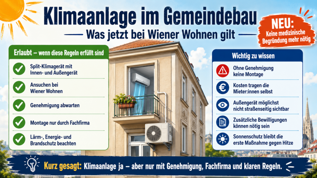 Schaubild zu den neuen Regeln für Split-Klimaanlagen im Wiener Gemeindebau mit Genehmigungspflicht, Fachfirma und Vorgaben von Wiener Wohnen.