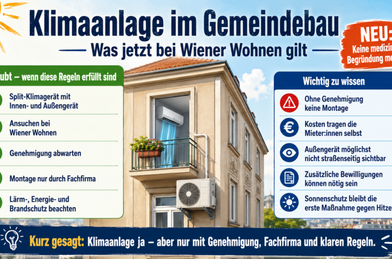Schaubild zu den neuen Regeln für Split-Klimaanlagen im Wiener Gemeindebau mit Genehmigungspflicht, Fachfirma und Vorgaben von Wiener Wohnen.