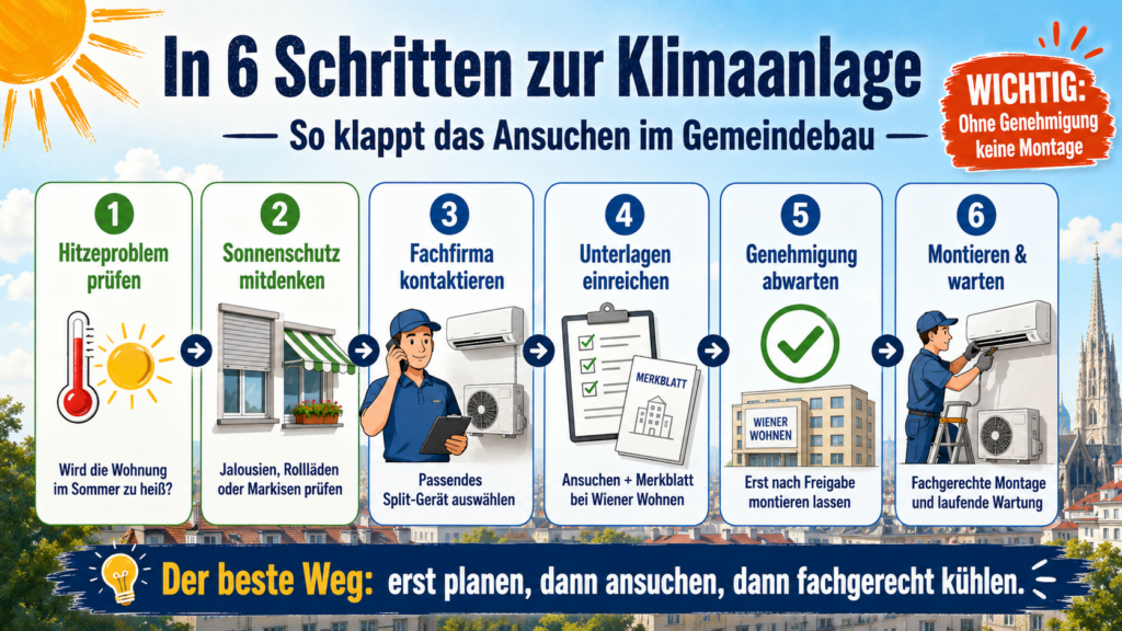 Infografik mit sechs Schritten zum Ansuchen für eine Split-Klimaanlage im Wiener Gemeindebau: Hitze prüfen, Sonnenschutz mitdenken, Fachfirma kontaktieren, Unterlagen einreichen, Genehmigung abwarten und montieren lassen.