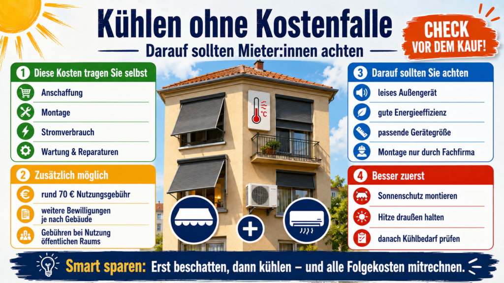 Schaubild zu Kosten und Folgekosten einer Split-Klimaanlage im Gemeindebau mit Hinweisen zu Anschaffung, Montage, Stromverbrauch, Wartung, Nutzungsgebühr, Energieeffizienz und Sonnenschutz.