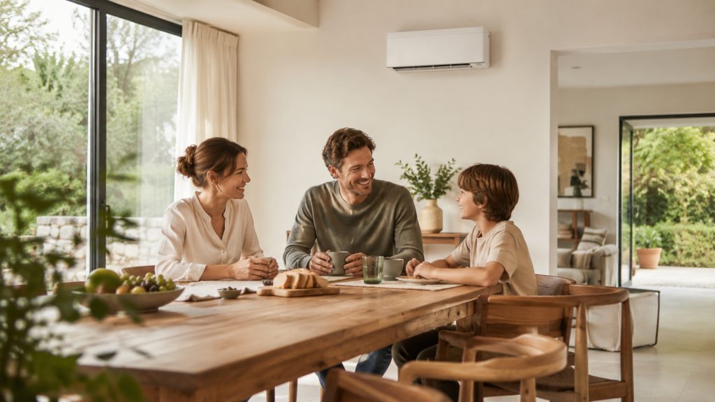 Familie sitzt an einem Esstisch in einem hellen Wohnraum mit wandmontierter Klimaanlage und genießt angenehmes Raumklima.