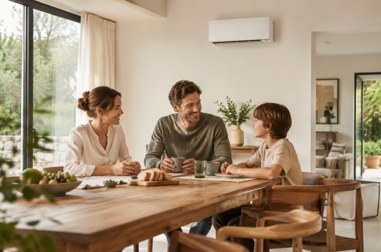 Familie sitzt an einem Esstisch in einem hellen Wohnraum mit wandmontierter Klimaanlage und genießt angenehmes Raumklima.