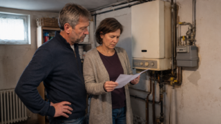 Ein Ehepaar steht vor einer Gasheizung im Keller und prüft aufmerksam ein Dokument.