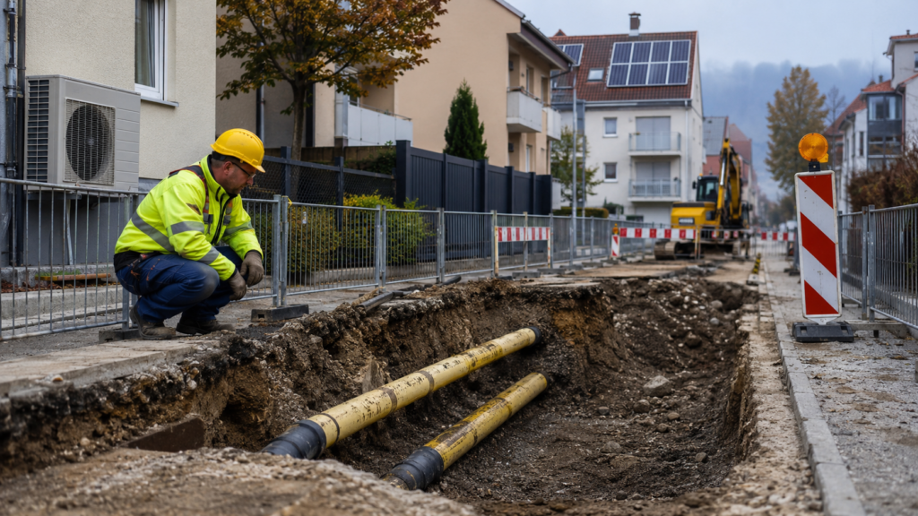 Arbeiter begutachtet freigelegte Gasleitungen in einer Wohnstraße während Bauarbeiten am Versorgungsnetz.