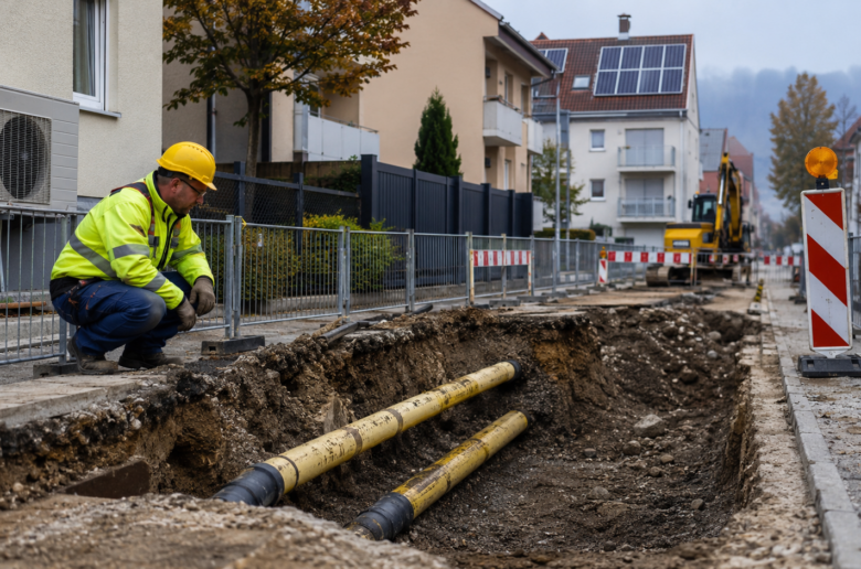 Arbeiter begutachtet freigelegte Gasleitungen in einer Wohnstraße während Bauarbeiten am Versorgungsnetz.