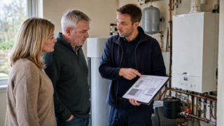 Energieberater erklärt Hausbesitzern ein Konzept für den Umstieg von einer Gasheizung auf ein alternatives Heizsystem.