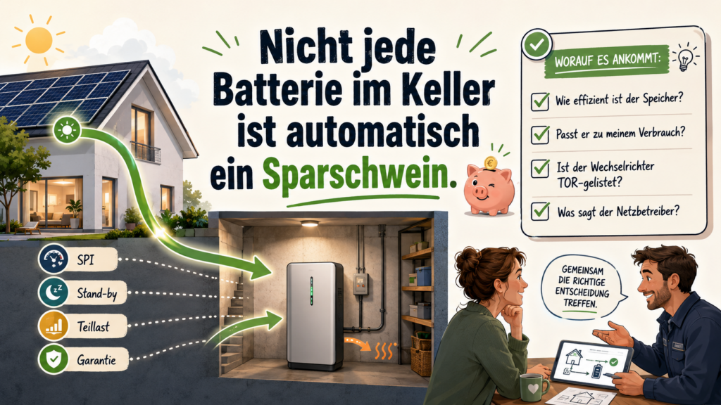 Schaubild zeigt ein Einfamilienhaus mit Photovoltaikanlage, PV-Speicher im Keller und Checkliste zu Effizienz, Verbrauch, TOR-Listung und Netzbetreiber.