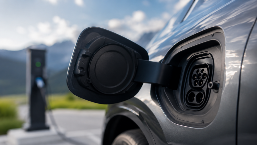Laden: Geöffneter Ladeanschluss eines Elektroautos mit unscharfer Ladesäule im Hintergrund.