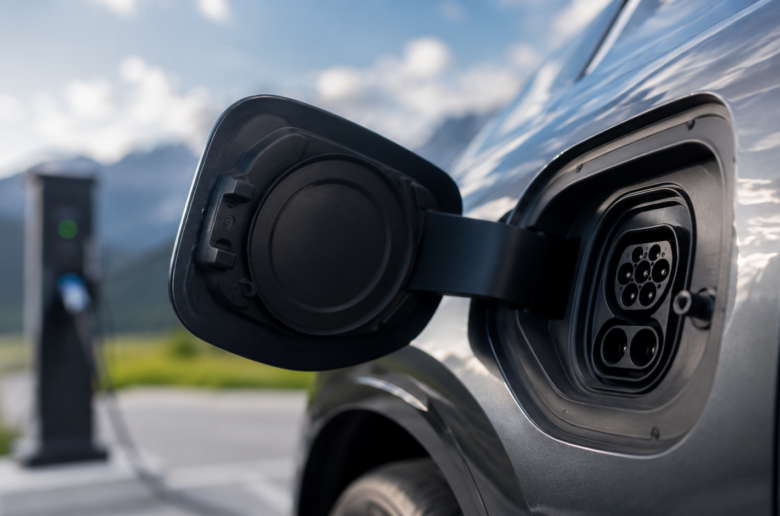Laden: Geöffneter Ladeanschluss eines Elektroautos mit unscharfer Ladesäule im Hintergrund.