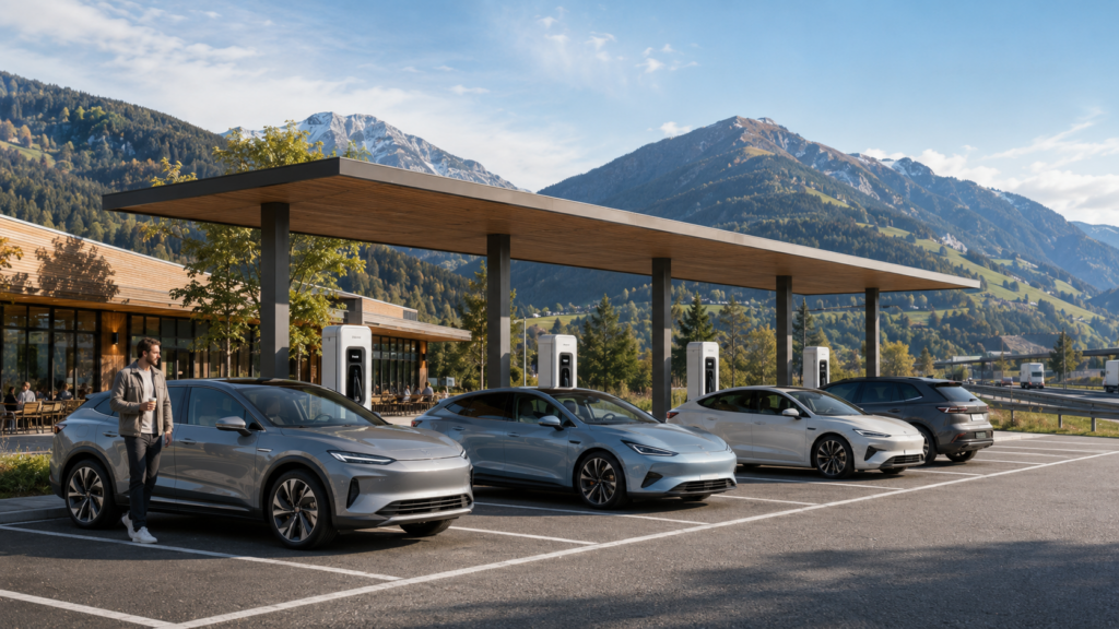 Elektroautos an modernen Ladestationen an einem Rastplatz in alpiner Umgebung, die Ladekabel hängen in den Vorrichtungen.