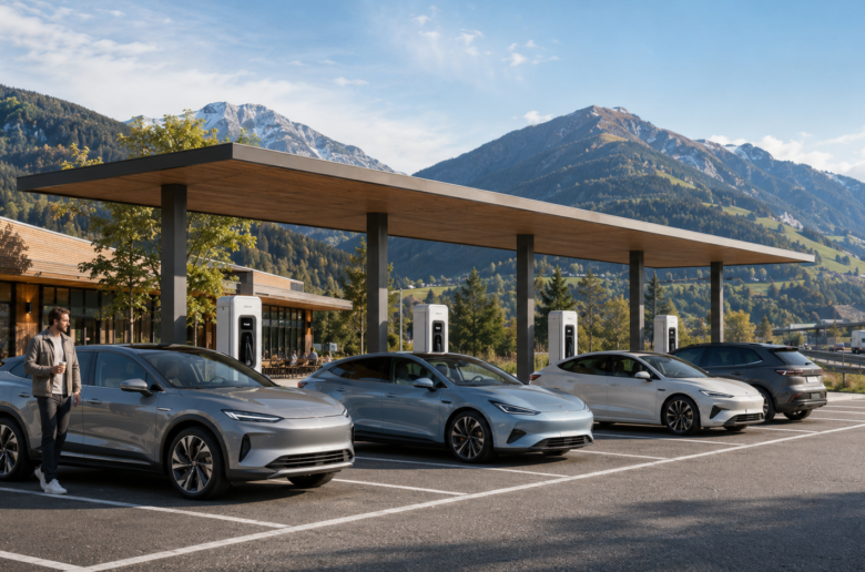 Elektroautos an modernen Ladestationen an einem Rastplatz in alpiner Umgebung, die Ladekabel hängen in den Vorrichtungen.