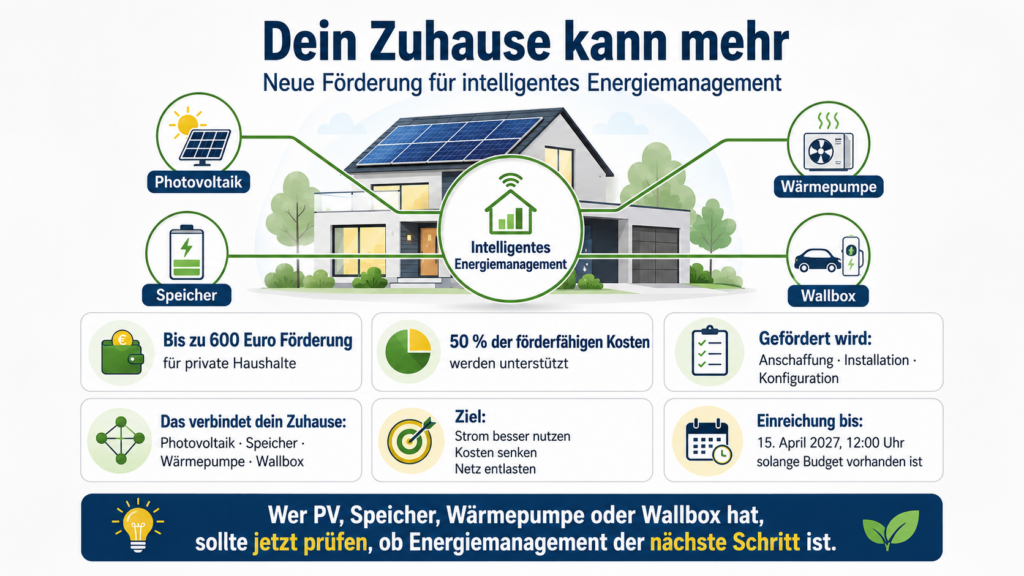 Schaubild zur Förderung intelligenter Energiemanagementsysteme für private Haushalte mit Photovoltaik, Speicher, Wärmepumpe und Wallbox.